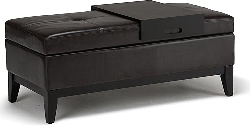 SIMPLIHOME Oregon - Banco otomano rectangular contemporáneo de 42 pulgadas de ancho con bandeja extraíble en bronceadores tapizados de piel