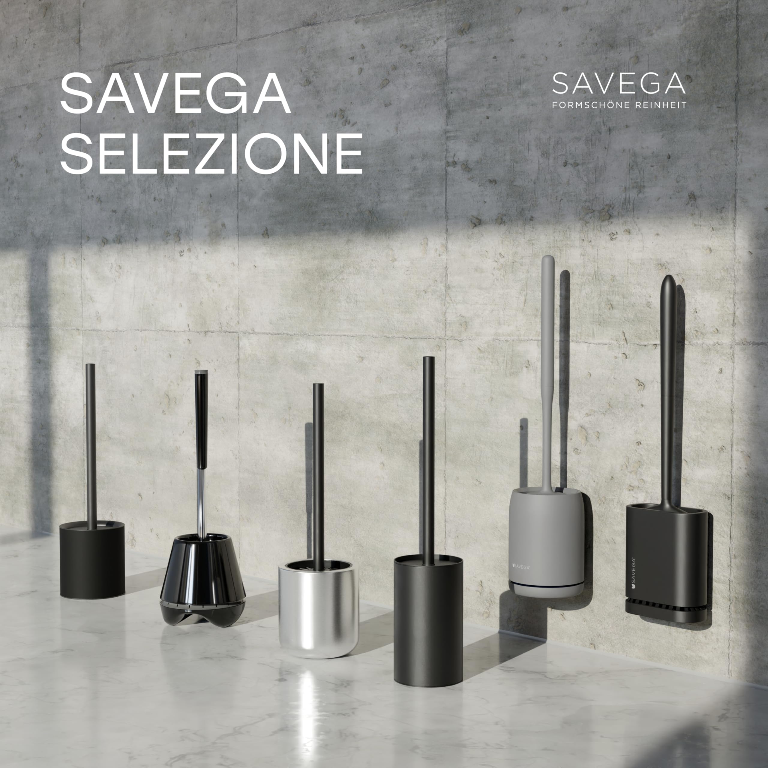 SAVEGA - Scopino WC in silicone in acciaio inox – Scopino WC con supporto discreto – Spazzola WC di alta qualità con paraspruzzi – Porta spazzola antibatterica – Spazzola WC (nero