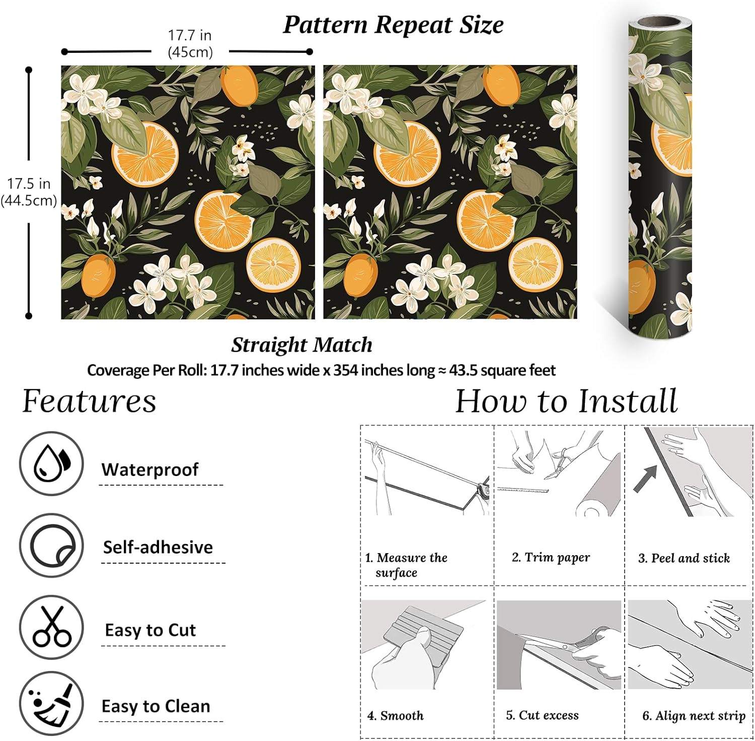 VEELIKE 17.7''x354'' Black Lemon Wallpaper Vintage Prepasted Lemon Print Wall Mural Peel and Stick Citrus Fruit Flower Wallpaper for Kitchen Removable Lemon Contact Paper for Walls Cabinets Shelves