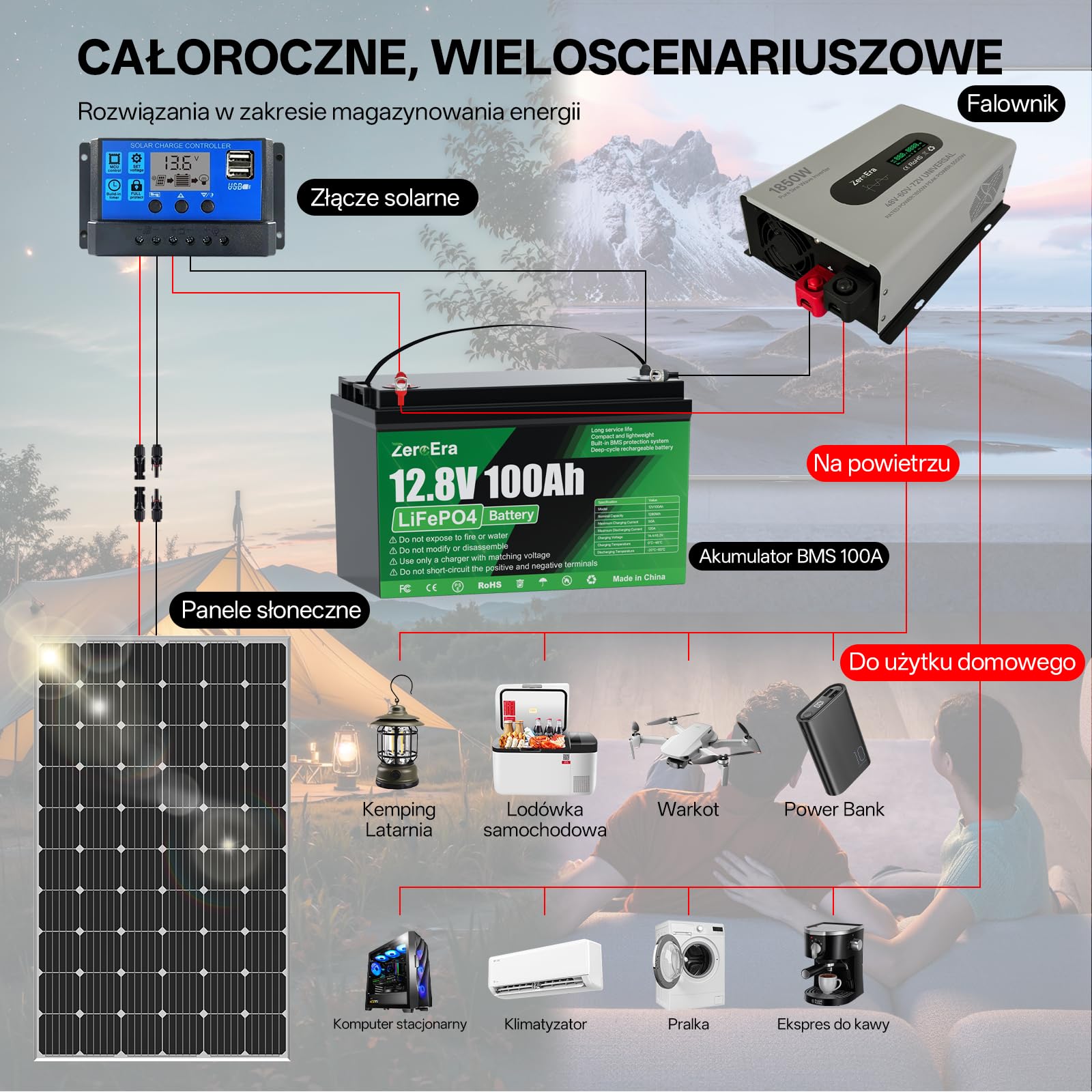 ZeroEra Bateria LiFePO4 12V 100Ah, Bateria Litowa 1280Wh Zzabezpieczeniem Przed Niską Temperaturą 100A BMS, Głęboki Cykl 10000-15000, Obsługuje Przełączanie Szeregowe/Równoległe(2*sztuk 100AH)