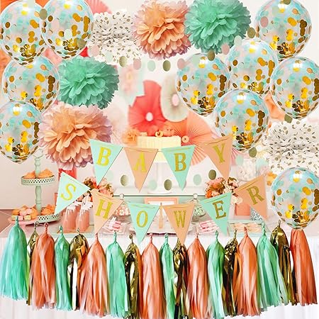 Amazon Com Qian S Party Mint Peach Baby Shower Decorations Neutral Glitter Gold Polka Dot Pom Pom Mint Peach Gold Confetti Balloons For Girl Sweet As A Peach Baby Shower Decorations Peach Mint Baby