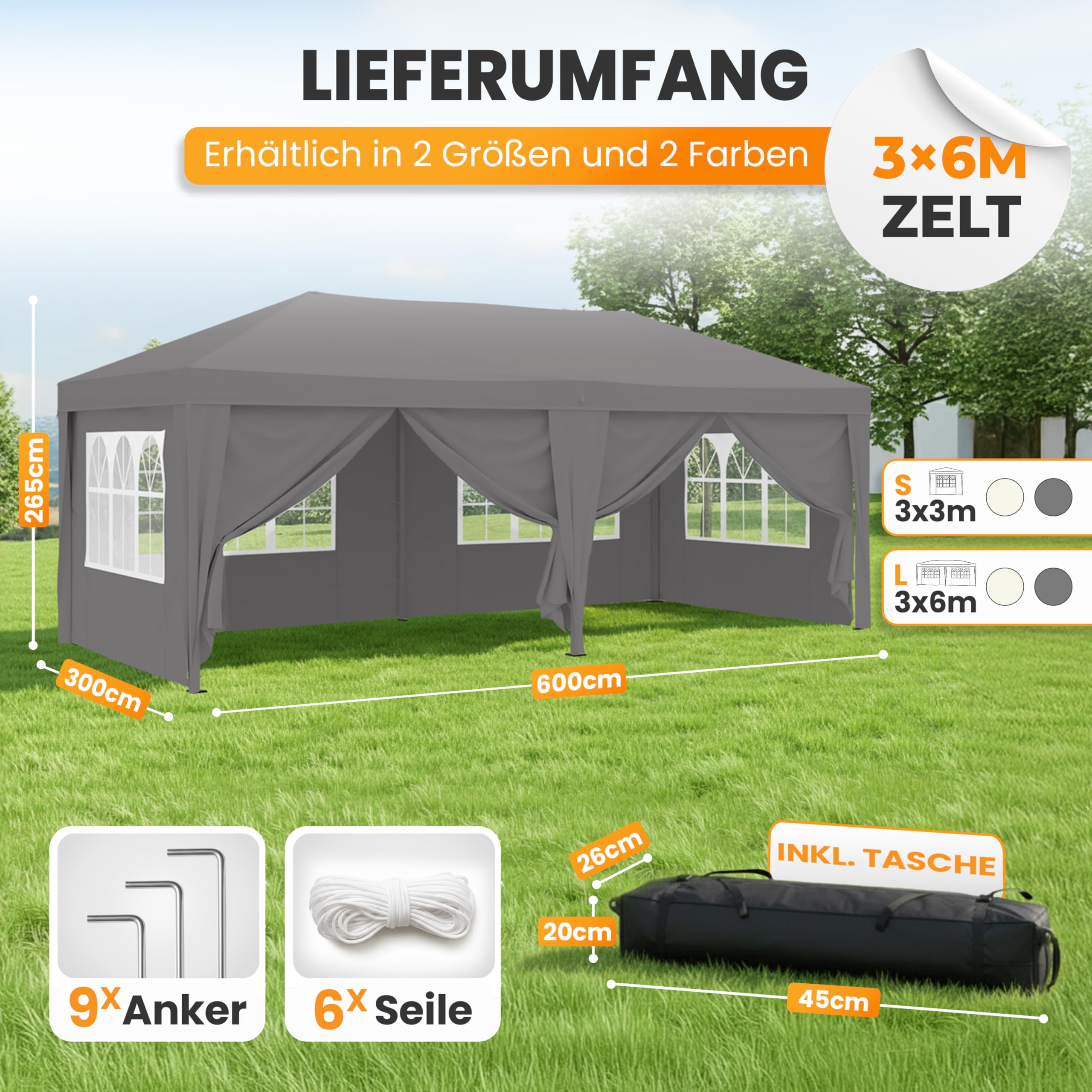 NATURIZ® Pavillon 3x6 Wasserdicht, Stabil und UV 50+ Schutz - Faltpavillon mit Seitenwänden hochwertig- Pop Up Zelt für Garten, Camping, Märkte - Partyzelt, Gartenpavillon, Gartenzelt (Grau, 3x6m)