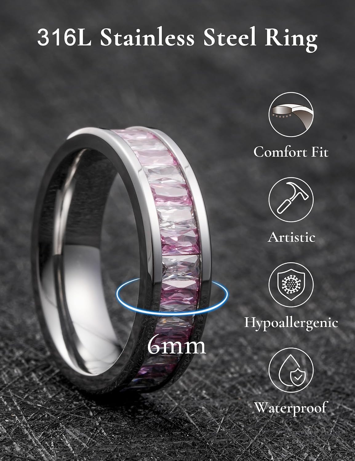King Will 6mm 316L Stainless Steel Eternity Ring for Women, Colorful Baguette-Cut Cubic Zirconia Stackable Band, Pipe Cut Anniversary Engagement Ring Comfort Fit, Size 6-10