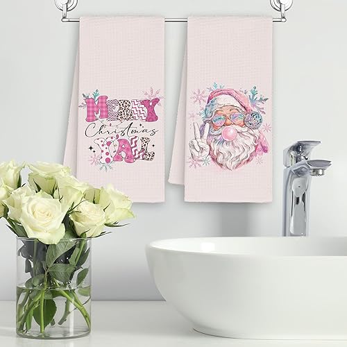 Miniatura 6 de Pink Merry Christmas Y'all - Juego de 2 toallas de cocina de Papá Noel, divertidas toallas de mano retro para decoración de baño de niñas, toalla de