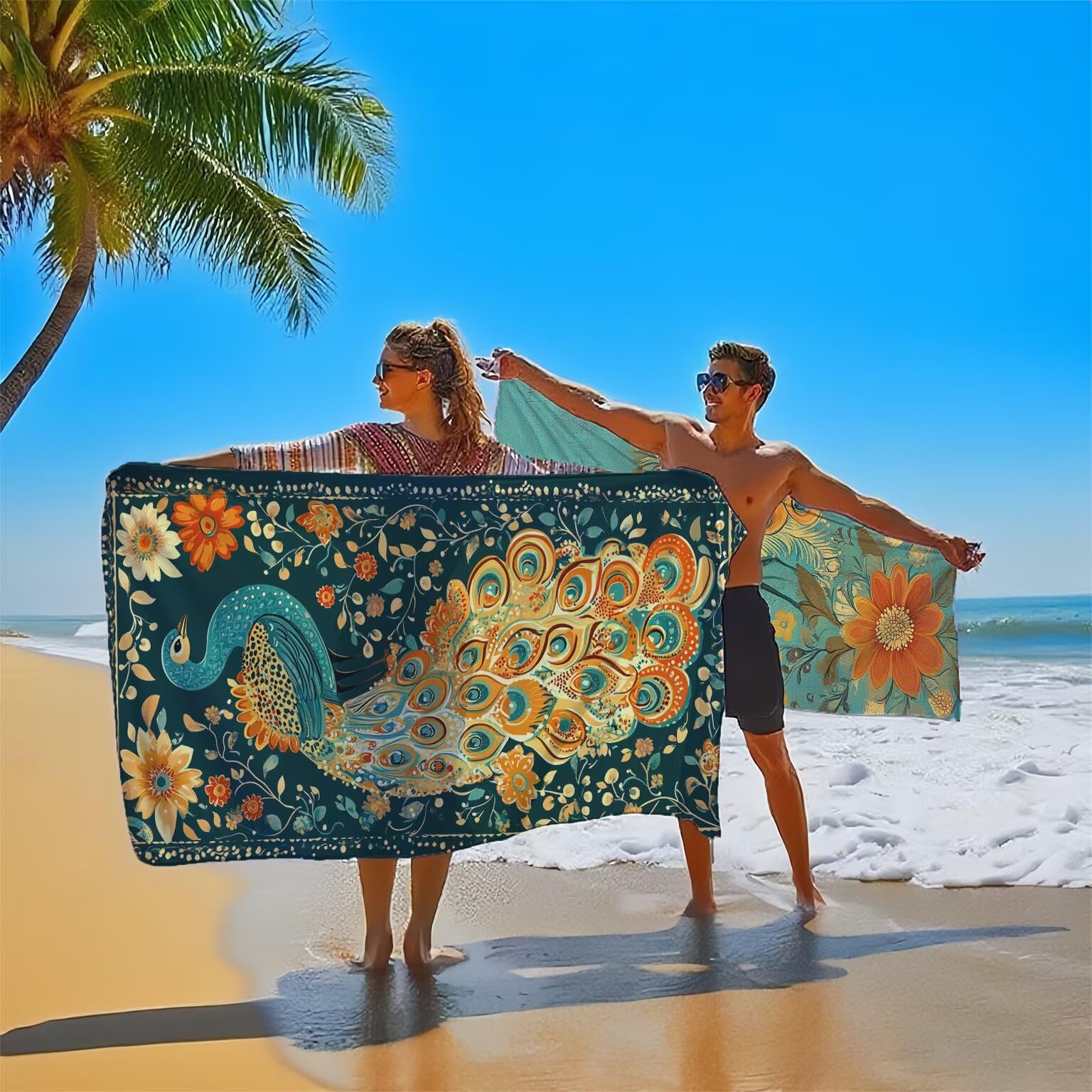 Ręcznik plażowy z motywem pawia dla dorosłych, ręcznik z mikrofibry 90 x 200 cm, duży, 2 sztuki, ręczniki kąpielowe, unikalne, chłonne, szybkoschnące, odporne na piasek, lekka konstrukcja, do jogi
