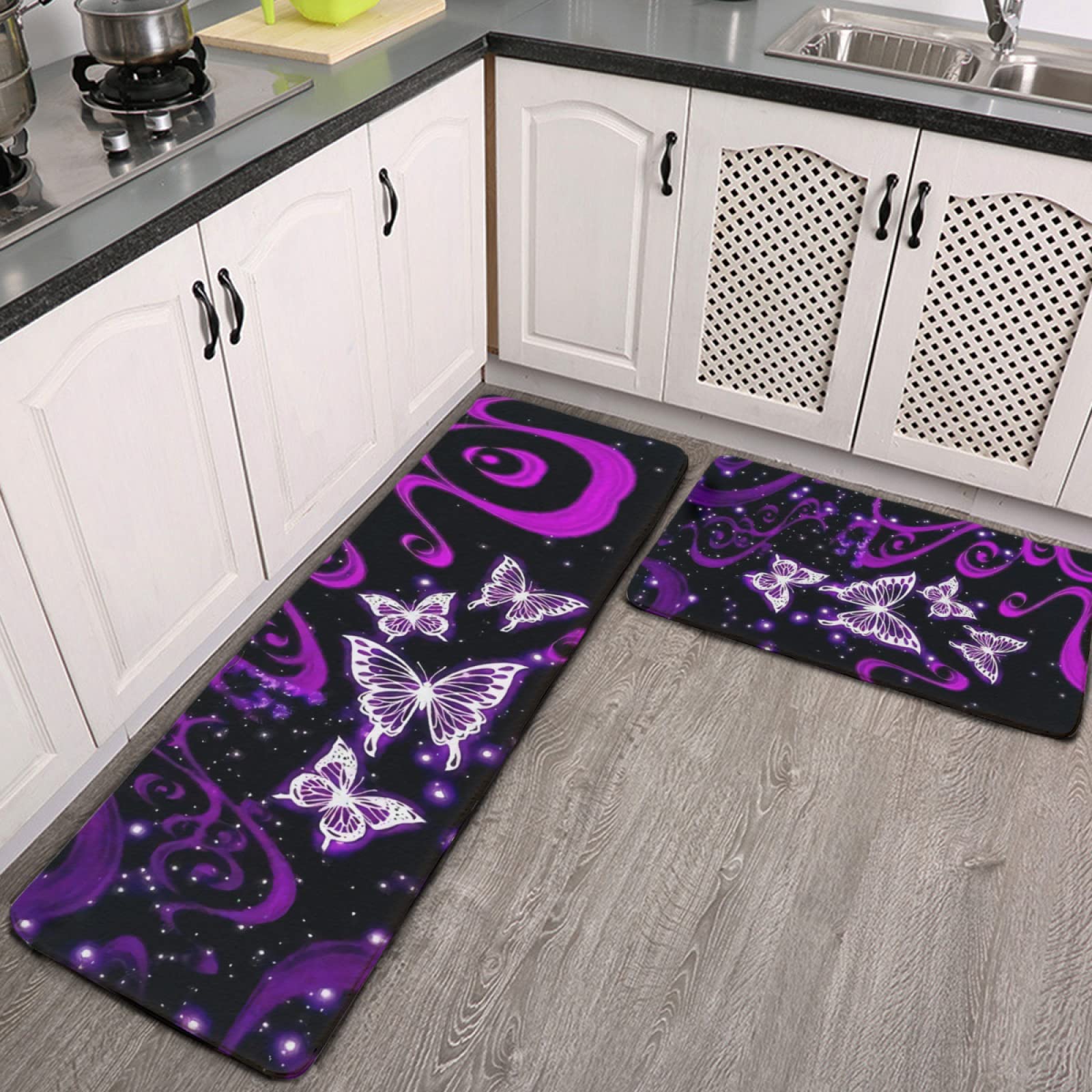 YouTary Purple Butterfly Geography Kitchen Rug Set 2 PCS Floor Mats Washable Non-Slip Soft Flannel Runner Rug Doormat Carpet for Kitchen Bathroom Laundry
