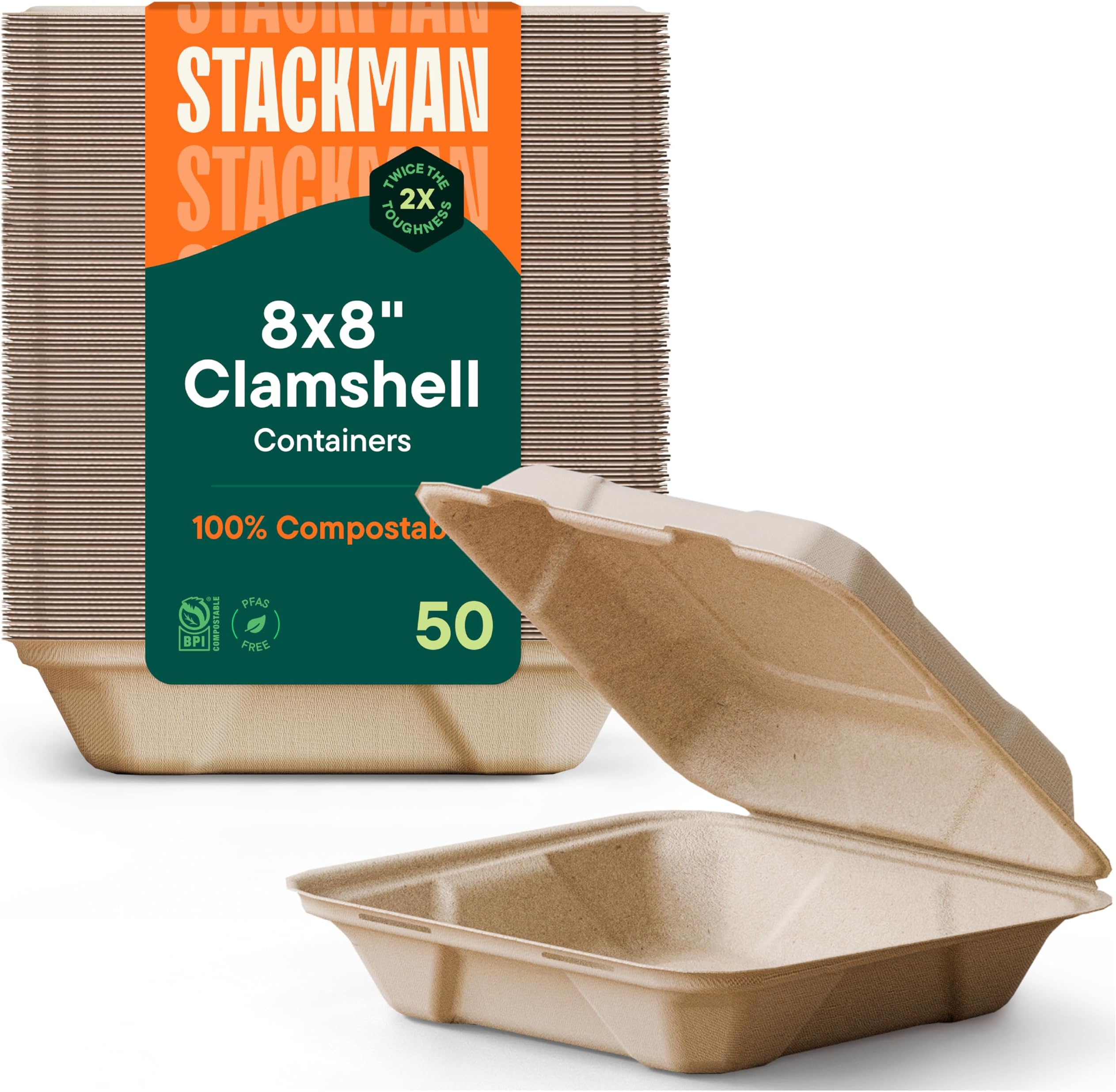 100% Compostable Clamshell Take Out Food Containers [8X8" 50-Pack] Heavy-Duty Quality to go Containers, Natural Disposable Bagasse, Eco-Friendly Biodegradable Made of Sugar Cane Fibers