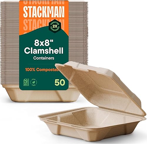 Recipientes de alimentos 100% compostables para llevar [8 x 8 pulgadas paquete de 50 unidades] Contenedores de calidad resistente, bagazo desechable