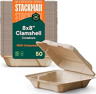 Stack Man 100% Compostable Clamshell Take Out Food Containers [8X8 50-Pa...