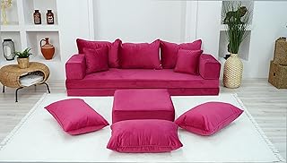 Velvet Pink Color Floor Couches, Velvet Fabric Cushions, Velvet Sofas, Velvet Floor Sofas, Velvet Sectional Sofa, Velvet Floor Seating (Sofa + Ottoman)
