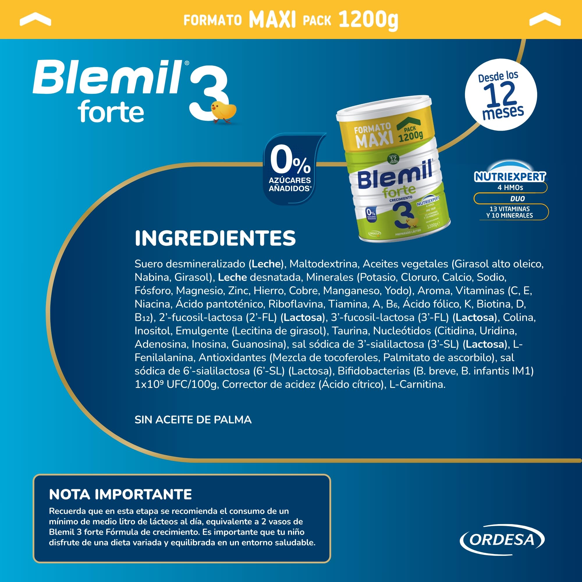 Blemil 3 Crecimiento 0% Azúcares Añadidos 3PACK | 3 botes de 1200g | Preparado Lácteo en polvo para Niños de 1 a 3 Años - Amazon Exclusive