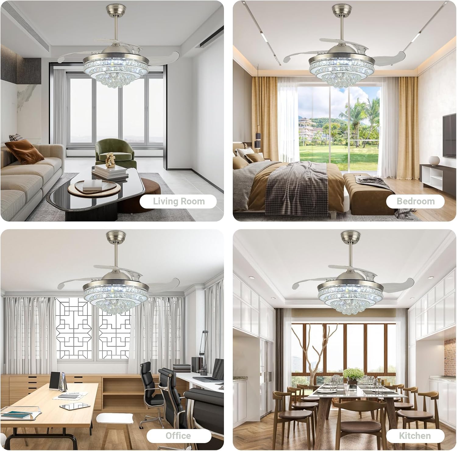 Ceiling Fans with Lights Remote Control- 3 Colors 6 Speeds Crystal Ceiling Fans Light - Retractable Blades Fandelier Fan with Silent Motor, 42in*9.8in