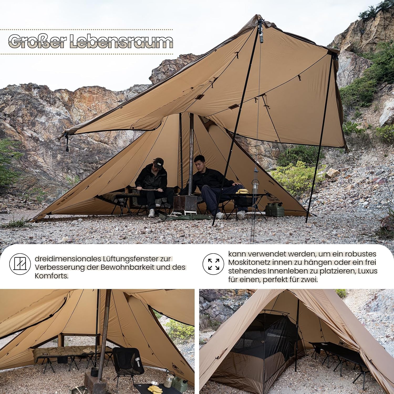 Onetigris Tienda de tipi de gasterópodo para 3-6 personas 4 temporadas con pirámides de agujeros de horno impermeables 3000 mm para acampar a la familia al aire libre