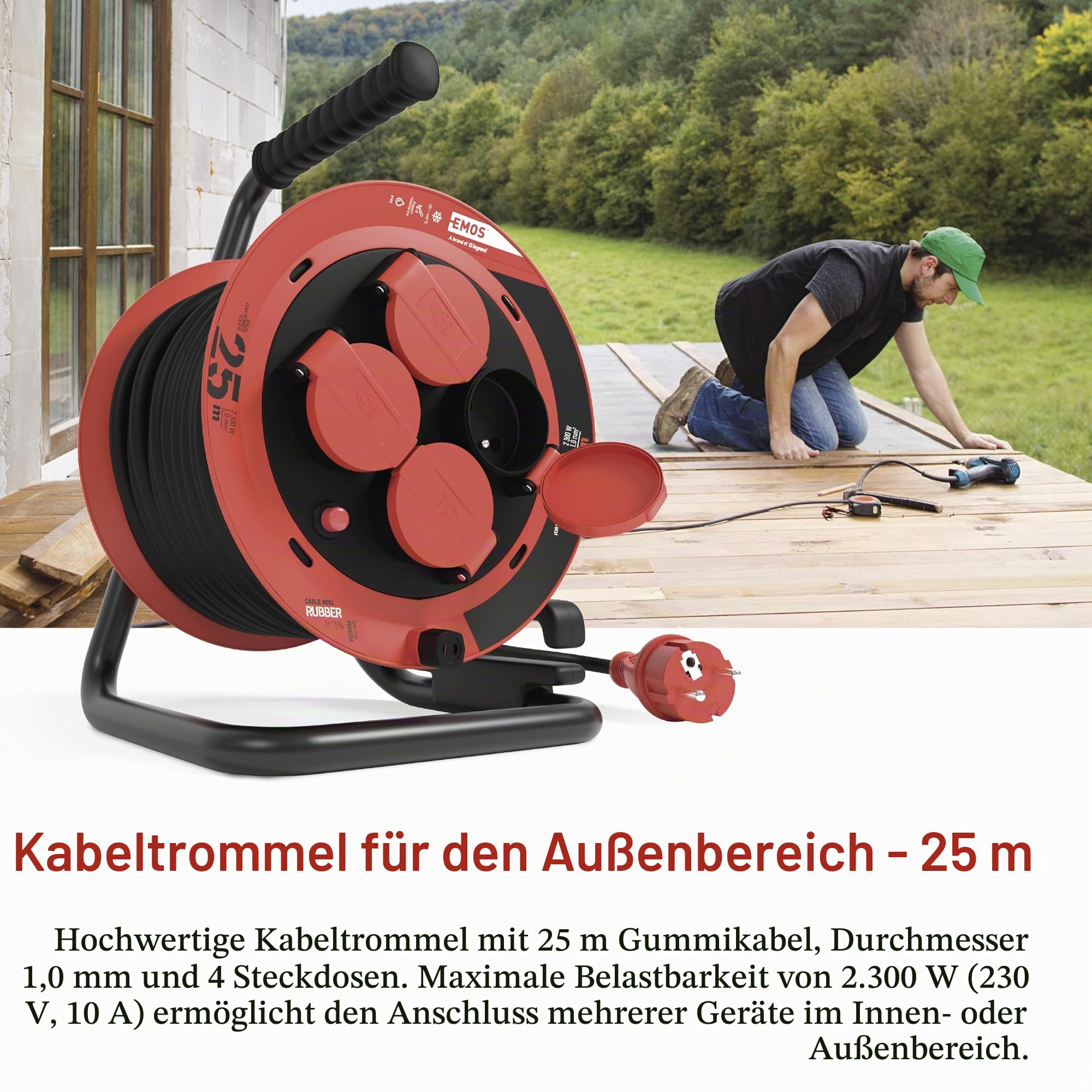 EMOS - Kabeltrommel 25m in FRENCH Standard - 1,0 mm2 - IP44 für Außenbereich