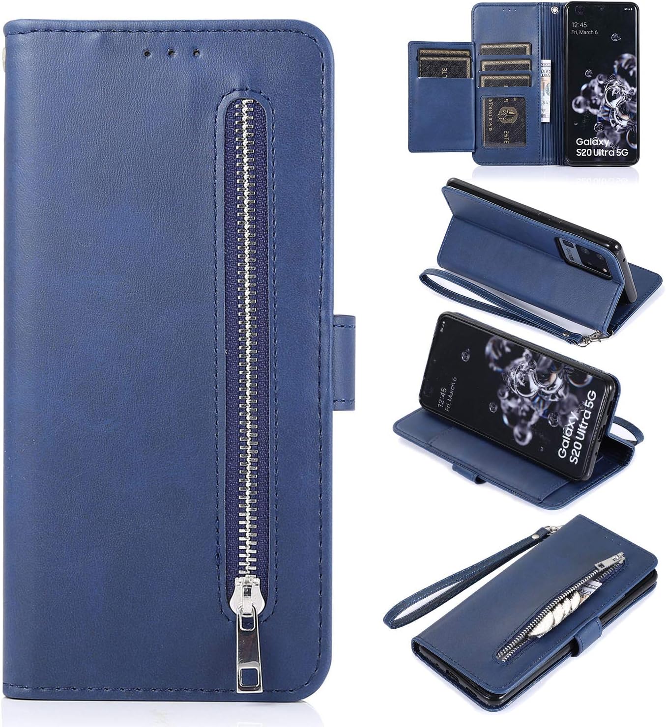 EYZUTAK Wallet Case for Samsung Galaxy A51, 5 Card Slots Magnetic Closure Zipper Pocket Handbag PU Leather Flip Case with Wrist Strap TPU Kickstand Cover for Samsung Galaxy A51 - Blue