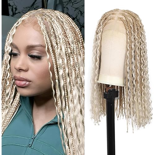 18 Inch HD Full Lace Braided Wigs for Women with Baby Hair Knotless Braid Wig Medium Premium Synthetic Boho Box Braided Wigs With Cruls Ends Platinum Blonde