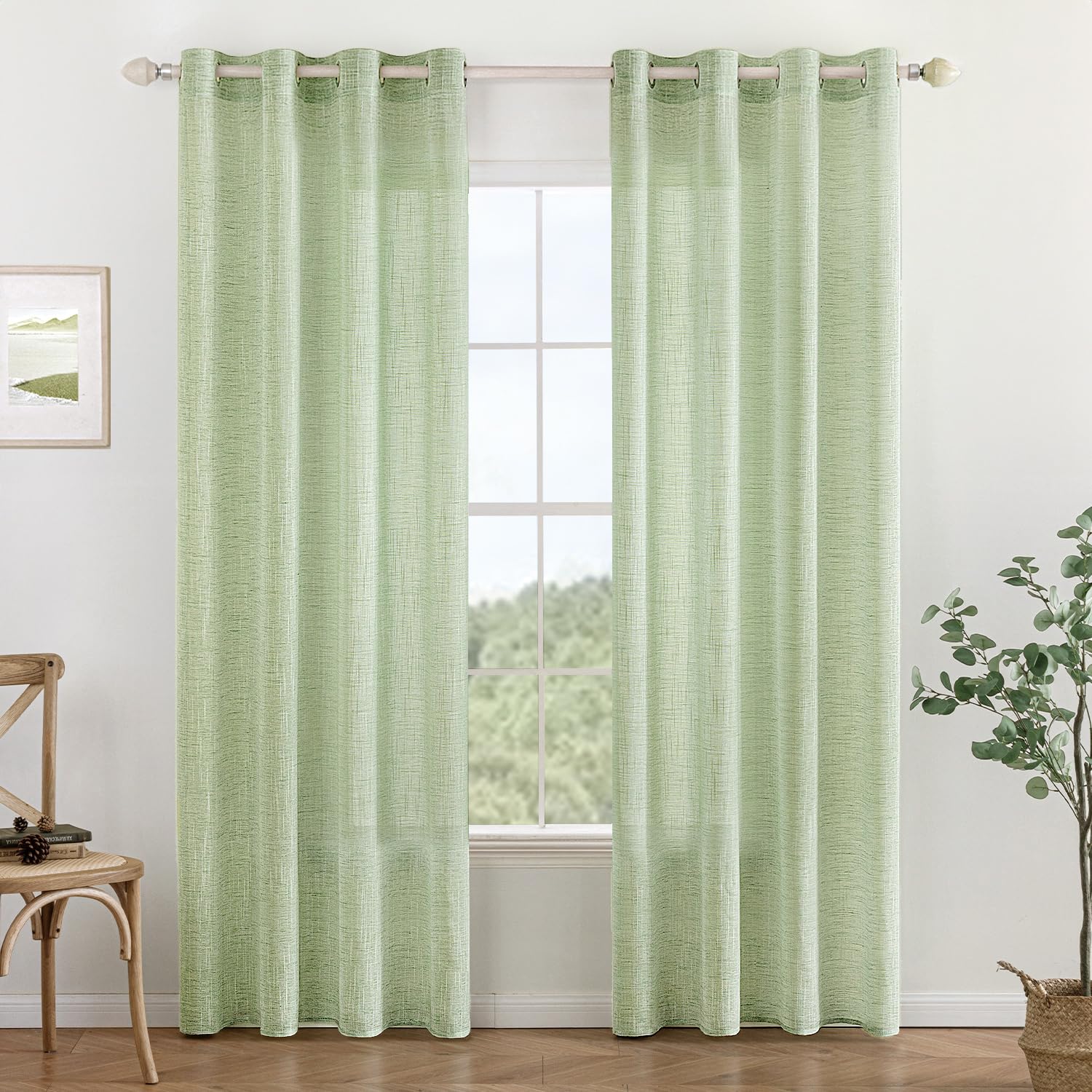 MIULEE Vorhang Gardinen Leinen mit ösen Voile Vorhänge Leinenoptik Gardinen Wohnzimmer Modern Fensterschal Kinderzimmer küchengardinen Schlaufenschal 2er Set 140x245 cm Grün | Moderne Lichtdurchlässige Fensterschals für Wohnzimmer, Küche & Schlafzimmer, D