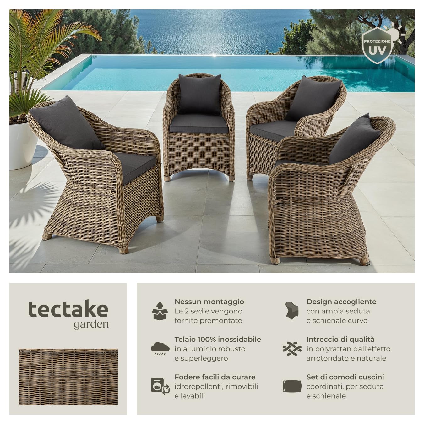 tectake® Set Sedie Deluxe in Polyrattan, 4 Poltrone da Giardino con Telaio in Alluminio, Comodi Cuscini per Seduta e Schienale, Resistente alle Intemperie, Design Elegante - Naturale