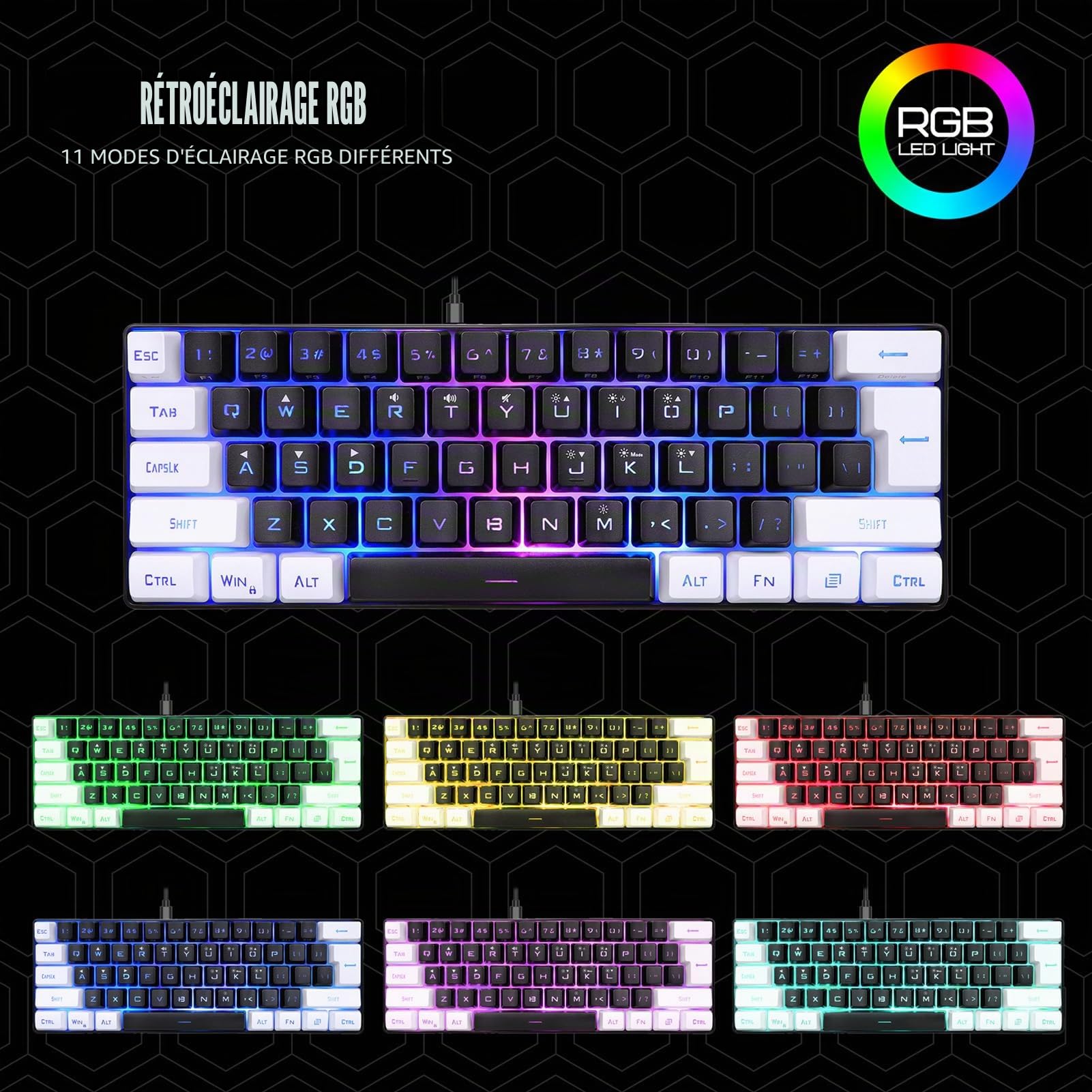 XUMIUZIY Clavier de Jeu Filaire à 60%, Mini Clavier de Jeu à Sensation Mécanique, Clavier Ultra Compact à 61 Touches Rétroéclairées RVB, Clavier Ergonomique pour Portable/PC/Gamer (Noir)
