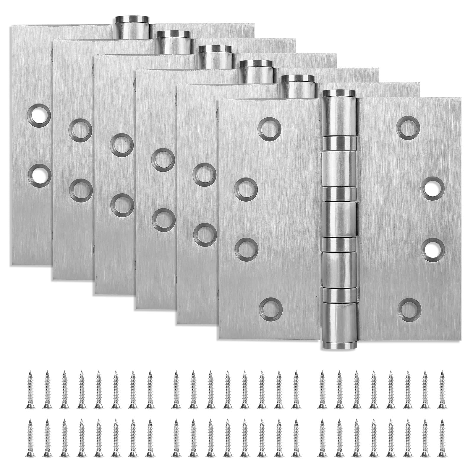 6 Pack Stainless Steel 4'' Door Hinges, 4in x 4in Heavy-Duty Ball Bearing Door Hinges with Square Corners for Exterior & Interior Doors, Silver
