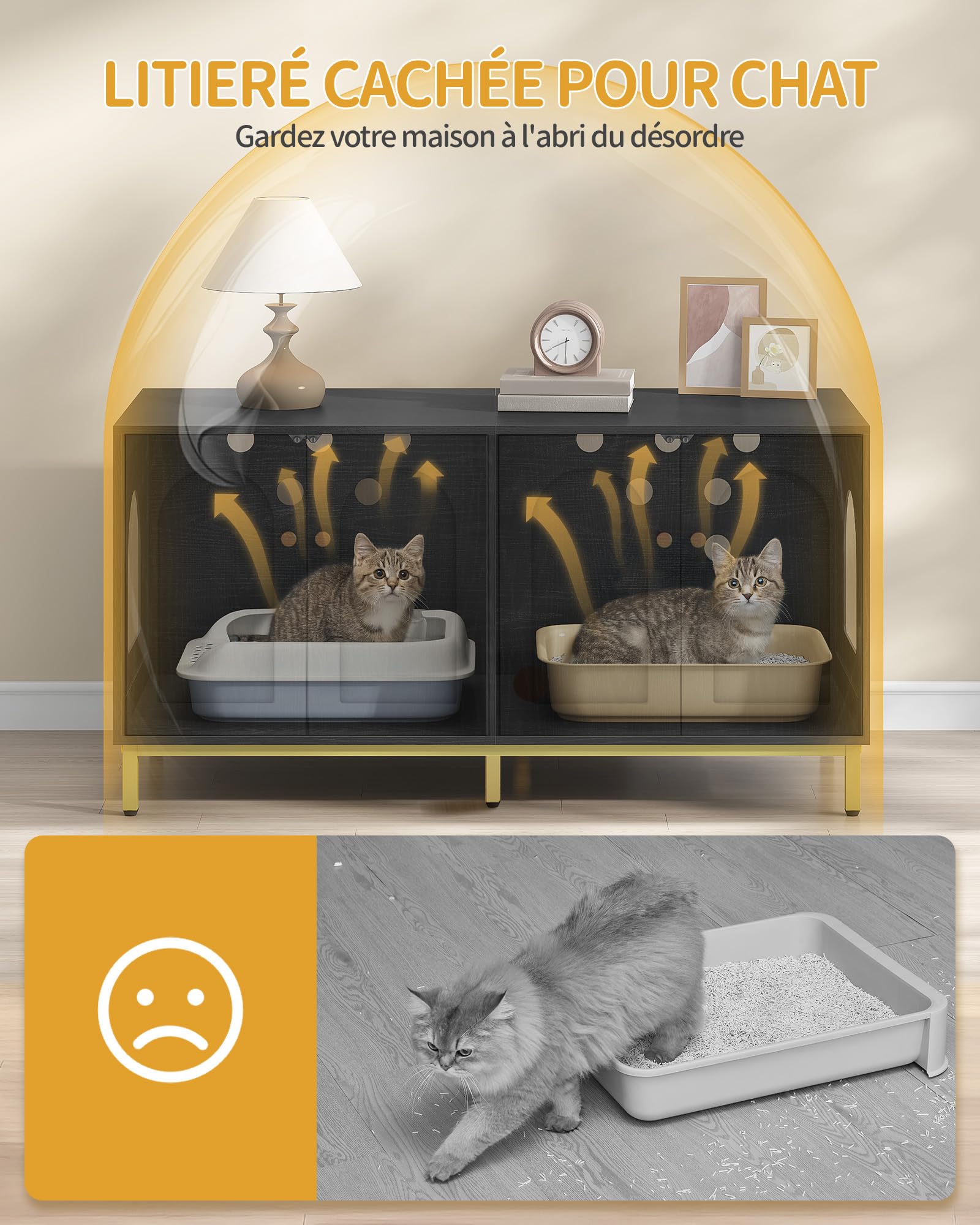 Hzuaneri Maison de Toilette Chat pour 2 Chats, Meuble de Litière Caché de 119cm, Banc de Rangement, Convient à la Plupart des Litières por, Noir et Or CB82304A