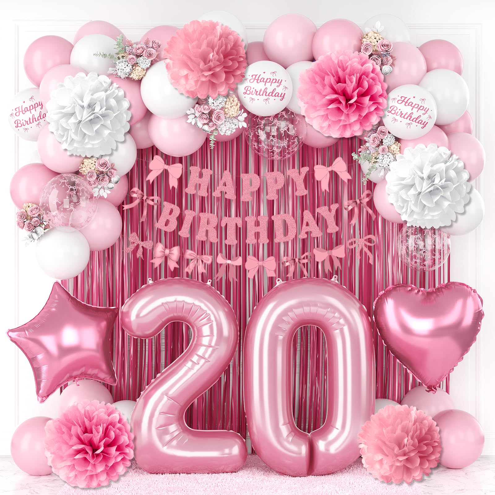 20th Birthday Decorations Girls Pink Number 20 Balloon Bow Coquette Party