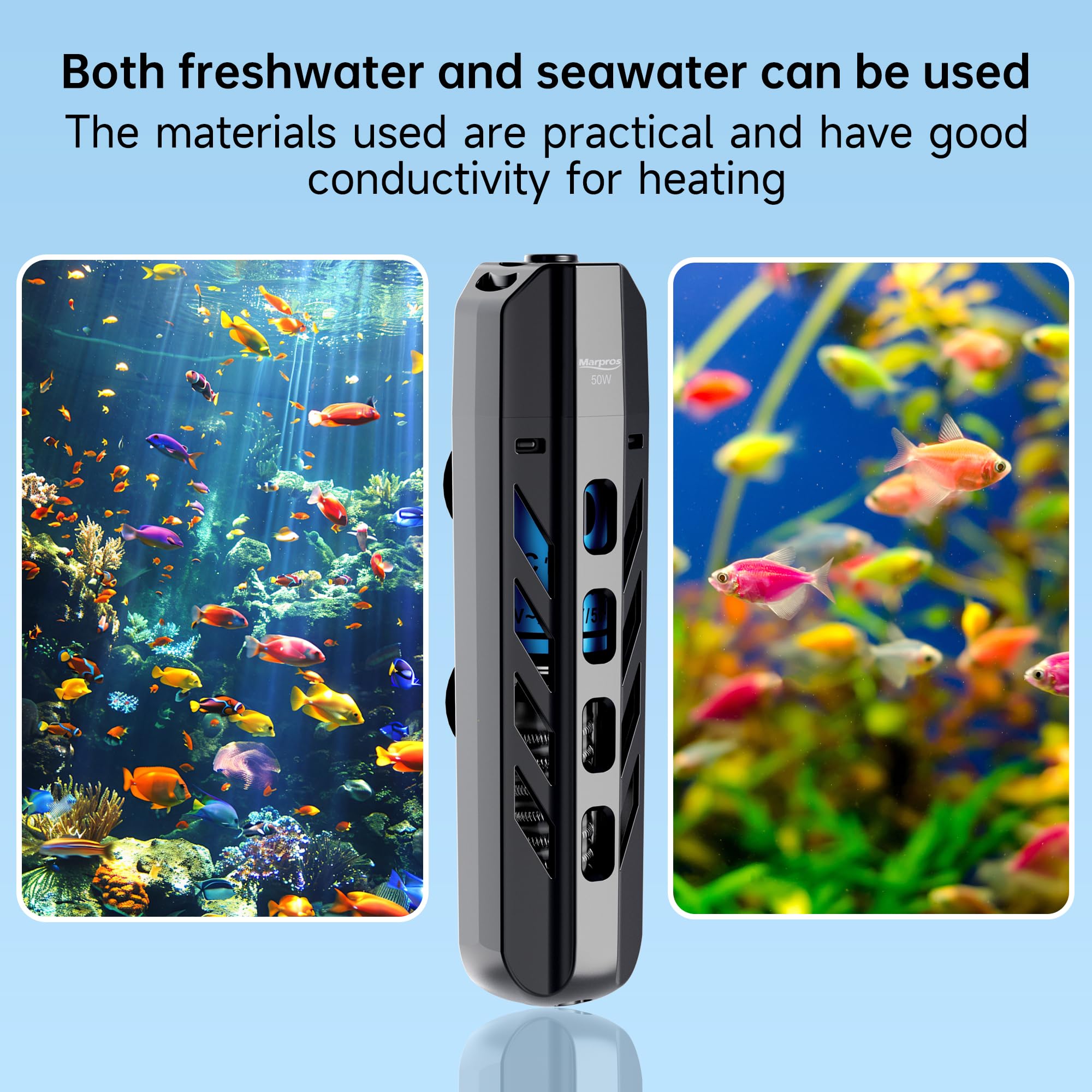 Kleiner Aquariumheizer, 50 W, tauchfähiger Aquariumheizer mit Schutzhülle und Arbeitsanzeige, voreingestellte Temperatur 25,6 °C für Betta-, Schildkröten-, Süß- und Salzwassertanks, 3,5 - 2,7 l