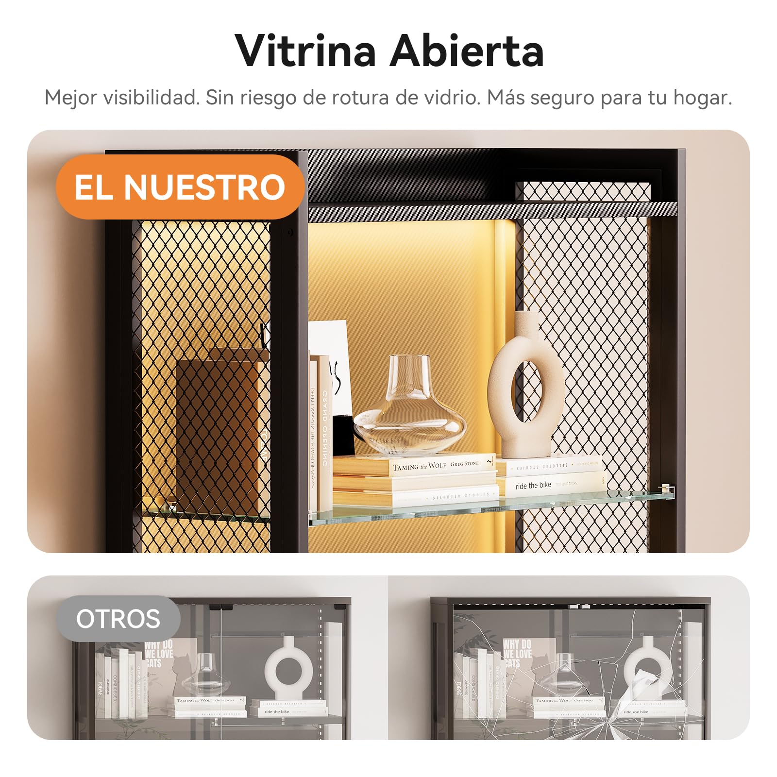 Coleshome Vitrina LED RGB Cristal, Expositor Metálico, 160cm, Negro | Montaje Fácil Rejilla Industrial Acero Cristal Templado Abierto Multifunción Salón Gaming Oficina