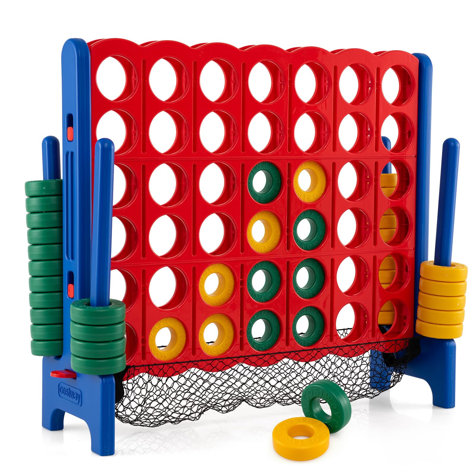 COSTWAY Set Conecta 4 Gigante, Mega 4 en Raya Gigante 119 cm, Red para Fichas, 42 Fichas, Juego Familiar de Interior y de Exterior para Niños y Adultos