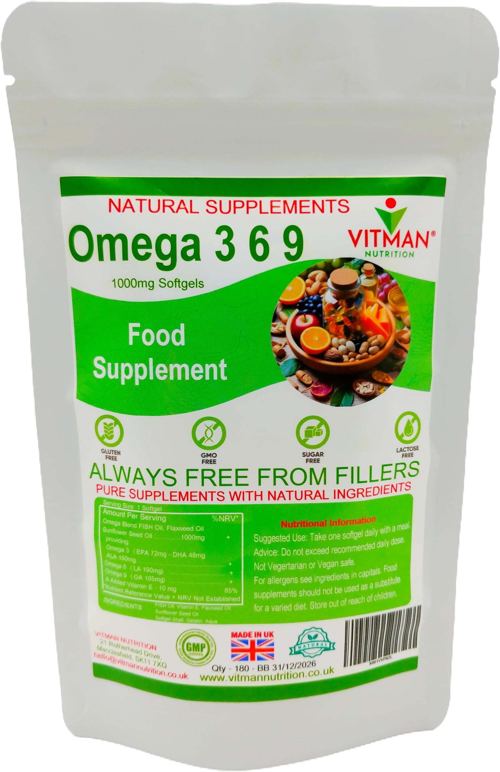 Omega 3 6 9 High Strength Essential Fatty Acids Fish Oil Supplement 1000mg Soft Gel Capsules & Added Vitamin E (180)