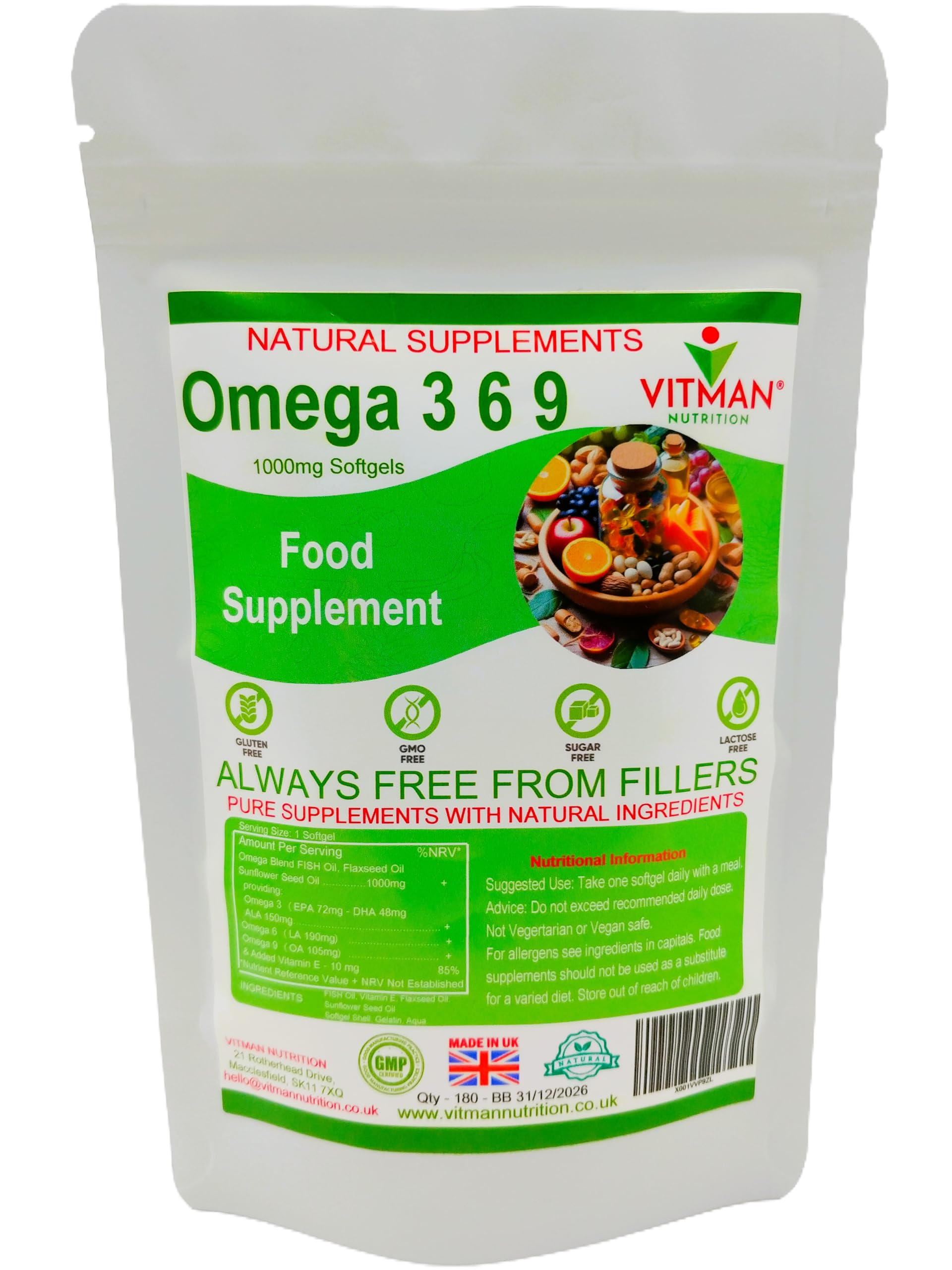 Omega 3 6 9 High Strength Essential Fatty Acids Fish Oil Supplement 1000mg Soft Gel Capsules & Added Vitamin E (180)