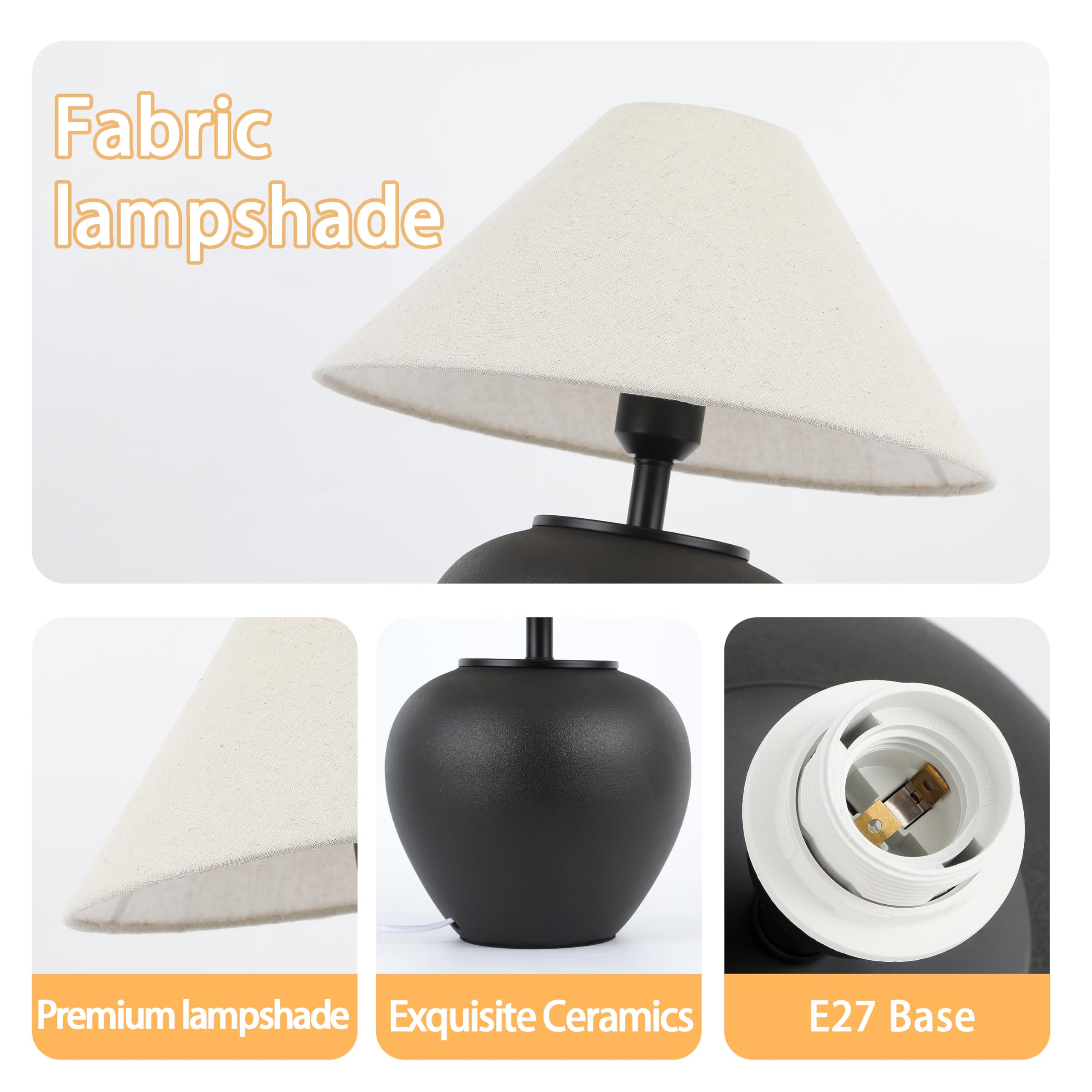 Rustikale schwarze Bauernhaus-Tischlampe, Tischlampen im Wabi-Sabi-Stil, Vintage-Nachttischlampe aus Keramik für Schlafzimmer, Hotel, Wohnzimmer, dekorative Ornamente (schwarz)