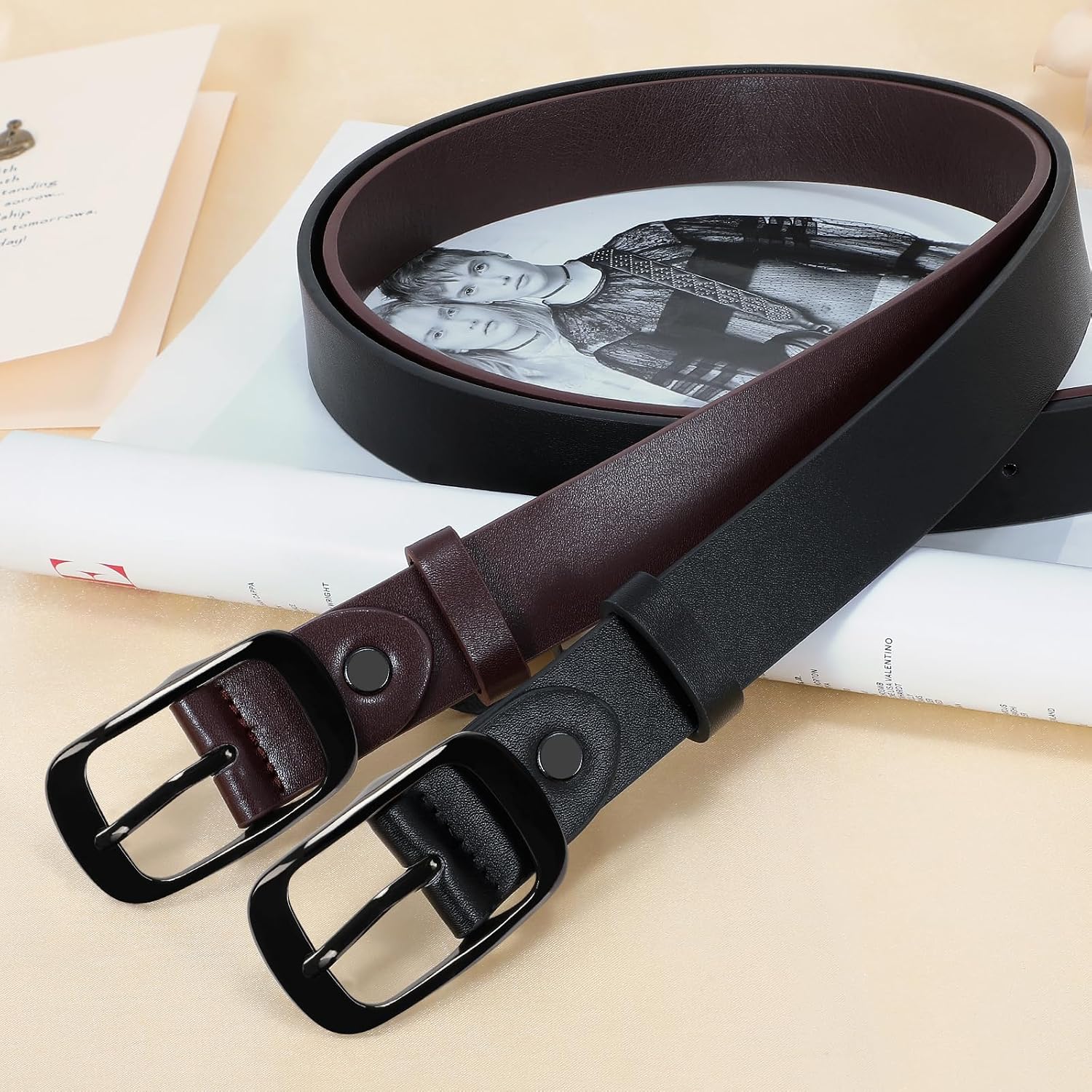 XZQTIVE 2 Pack Women Plus Size Leather Belts Fashion Cowhide Waist Belt with Solid Pin Buckle for Jeans Pants Dress image 4