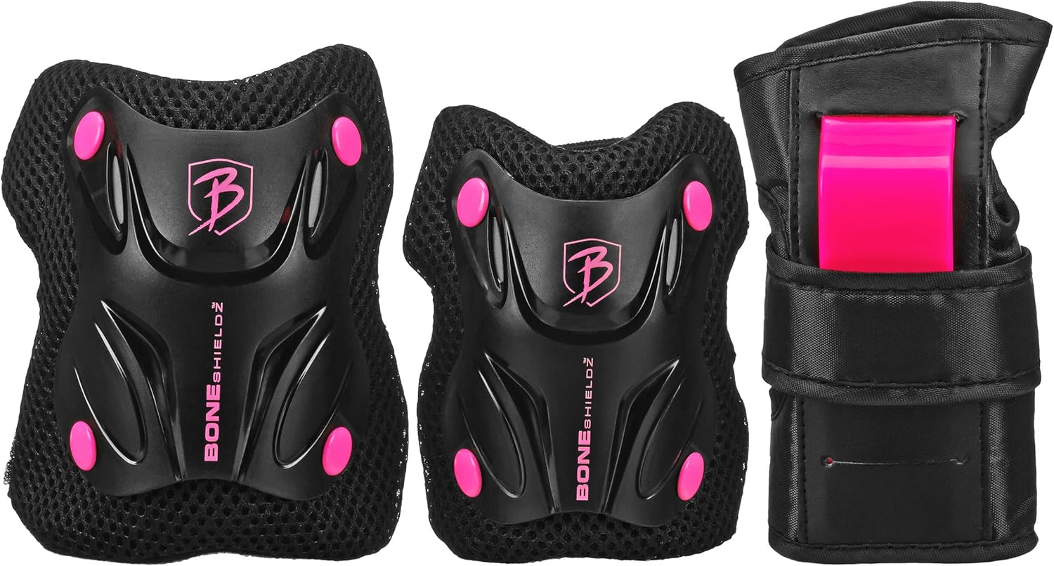 Roller Derby Trac Star Bundle Adjustable Skates for Kids, Beginners, Youth Black/Pink Size Large (3-6) + Roller Derby Guard Cruiser 3000 Tri-Pack Protective Pads, Youth, Black/Pink