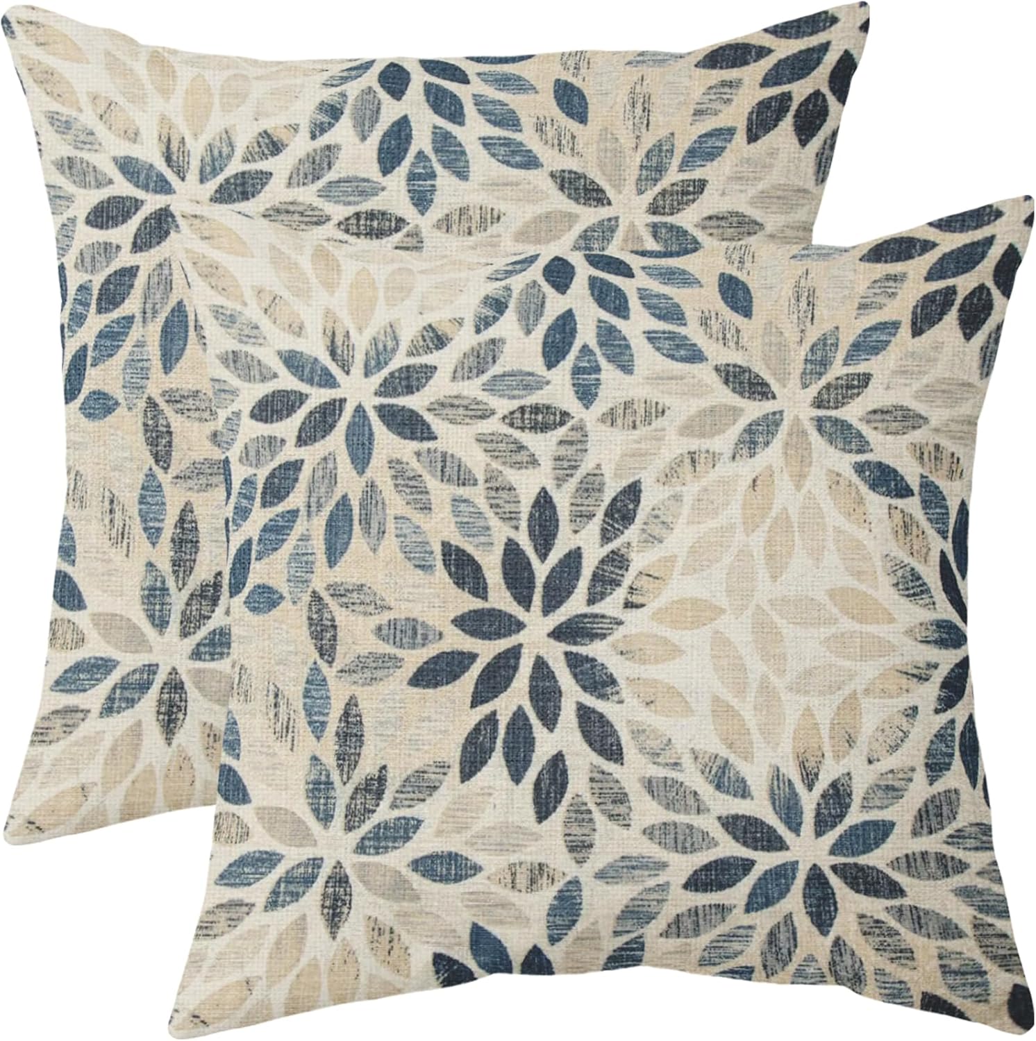 Navy Blue Beige Dahlia Pillow Covers 18x18 Set of 2 Rustic Geometric Flower Outdoor Cream Decorative Throw Pillows Summer Floral Farmhouse Pillowcases Linen Cushion Case Decor for Home Sofa Couch Bed