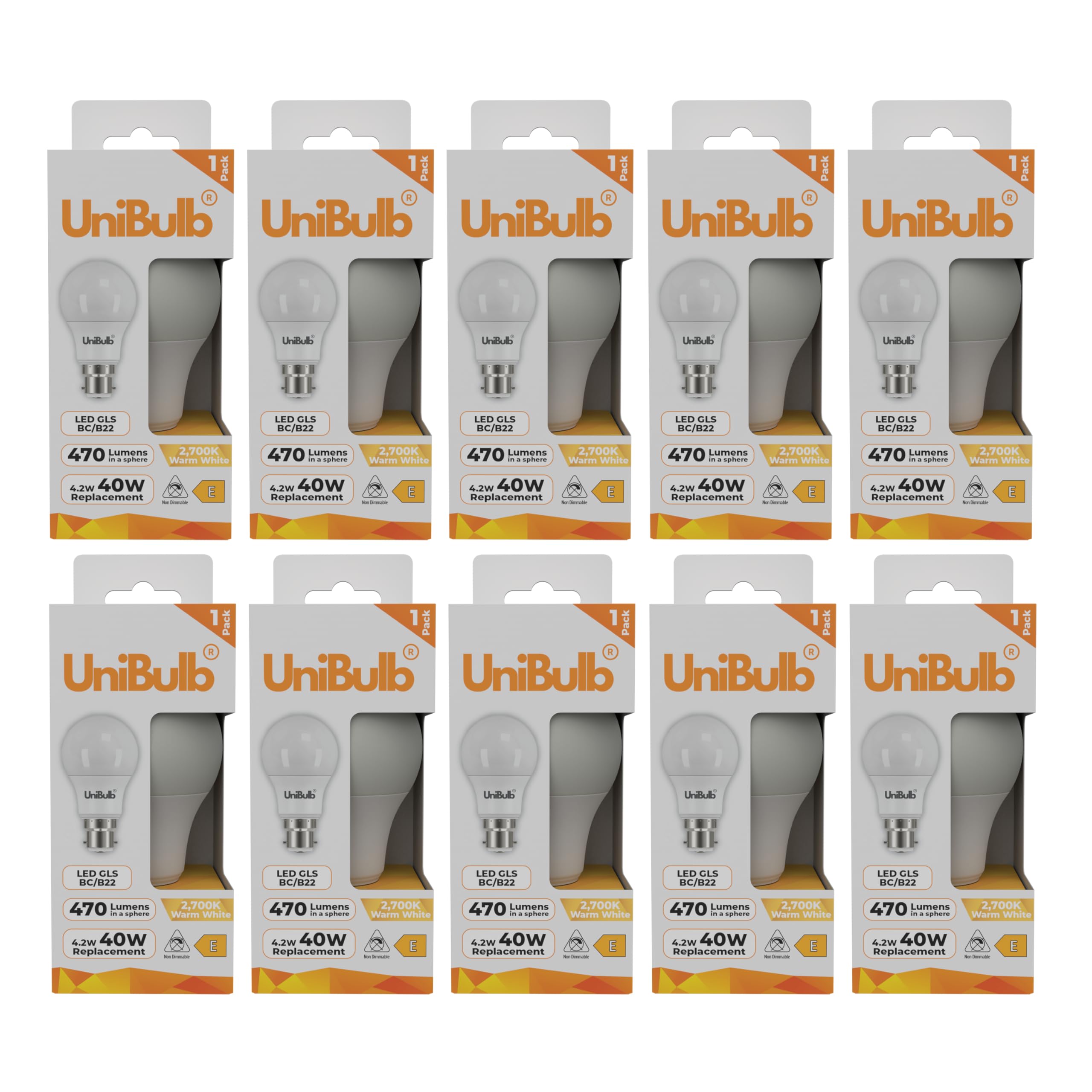 Unibulb BC / B22 / Bayonet LED Light Bulb, GLS, 4.2W, 470lm, Replaces 40W, Warm White 2700K, Non-dimmable, 25yr Lifespan, Pack of 2 (10)