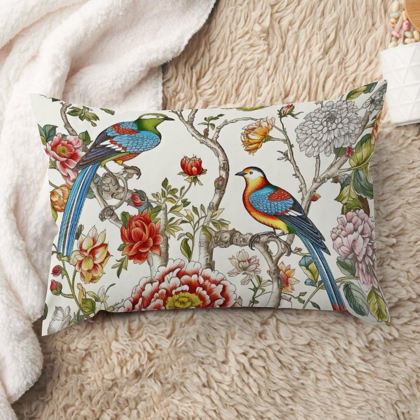 ArogGeld Red Peony Flower Animal Bird Farmhouse Sofa Pillowcase Bird in Peony Tree Coral Flower Lumbar Throw Pillow Cover White Linen Chinoiserie Euro
