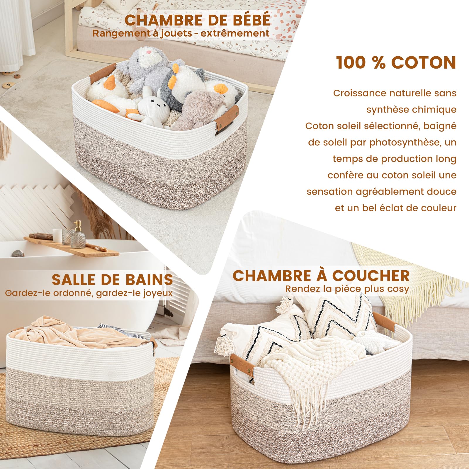 Panier de Rangement Rectangulaire 72L pour Couvertures, Jouets et Linge, Dégradé de Marron