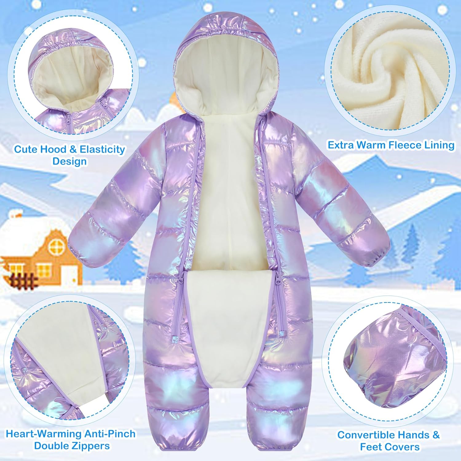 uideazone Baby Girls Boys Snowsuit Toddler Warm Hooded Snow Suit Infant Double Zipper Romper One Piece Puffer Coat 3-24M - Image 8