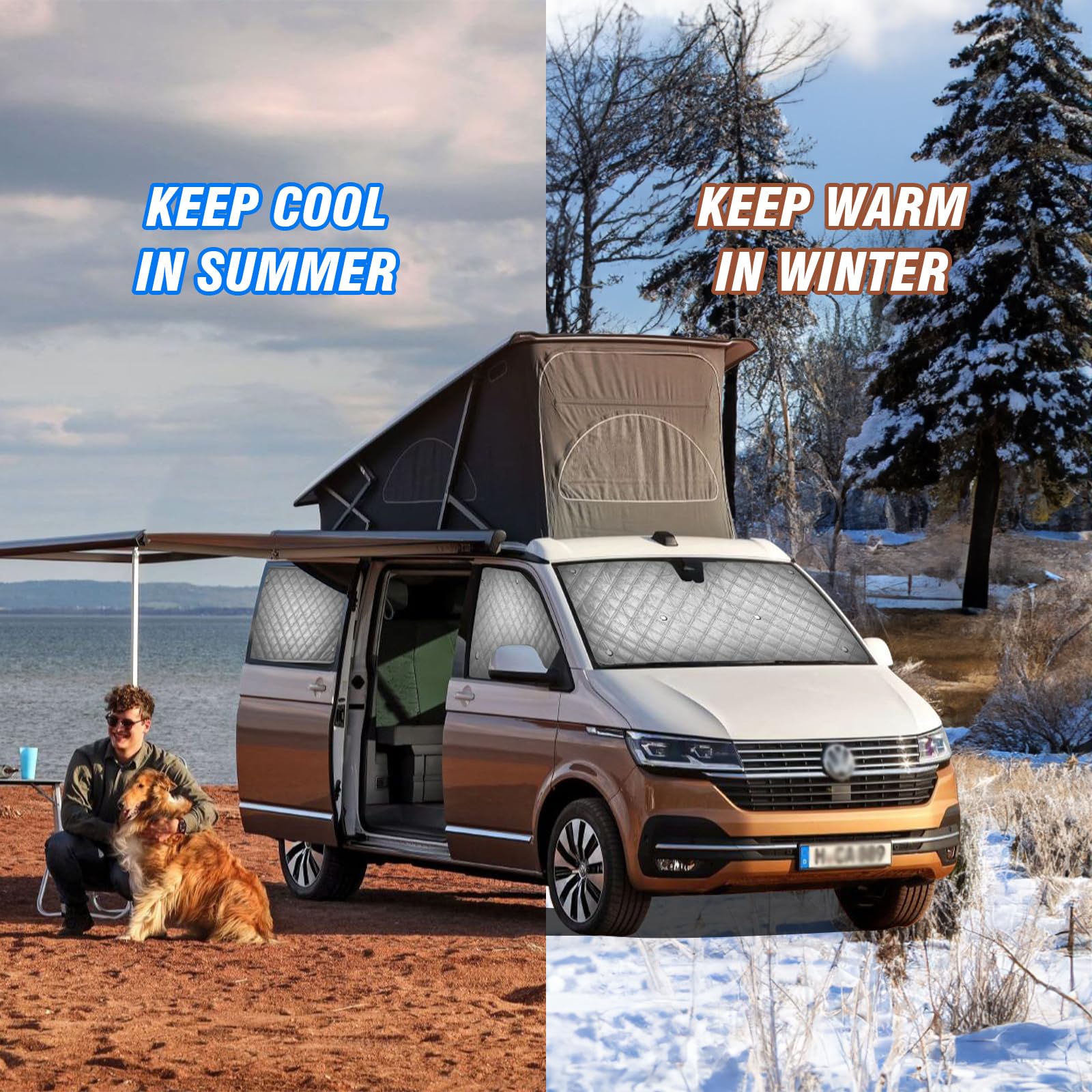 MaxAwe Ensemble de 8 pièces de stores thermiques internes pour VW T5/T6 LWB, kit de protection solaire de luxe, housse de protection pour pare-brise avant - Protection UV estivale et isolation