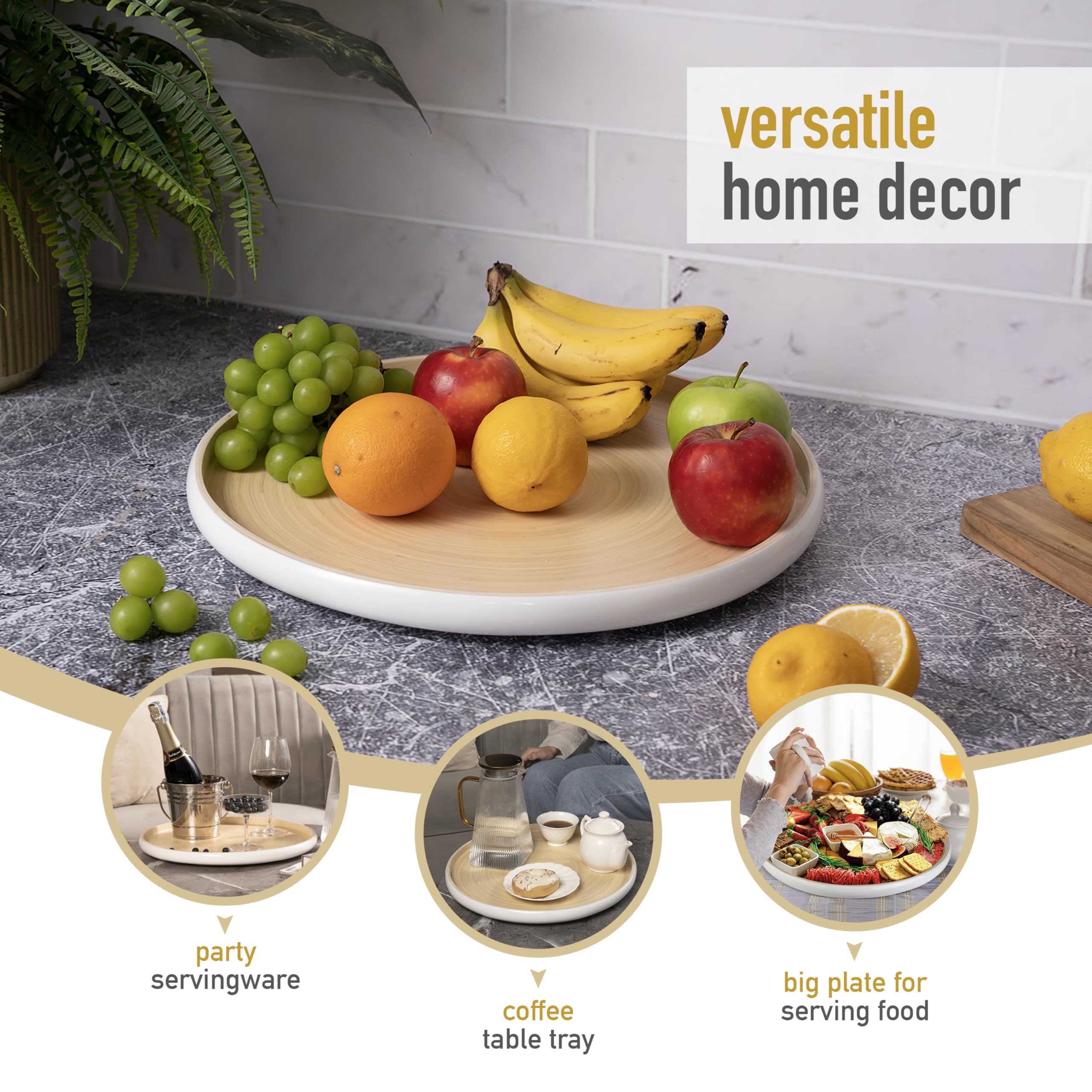Lexa Bandeja Redonda de Madera de bambú Hecha a Mano de 15.7 Pulgadas para Servir Alimentos, Bandeja de Madera Grande para Mesa de café otomana, bandejas de Madera para charcutería, decoración del