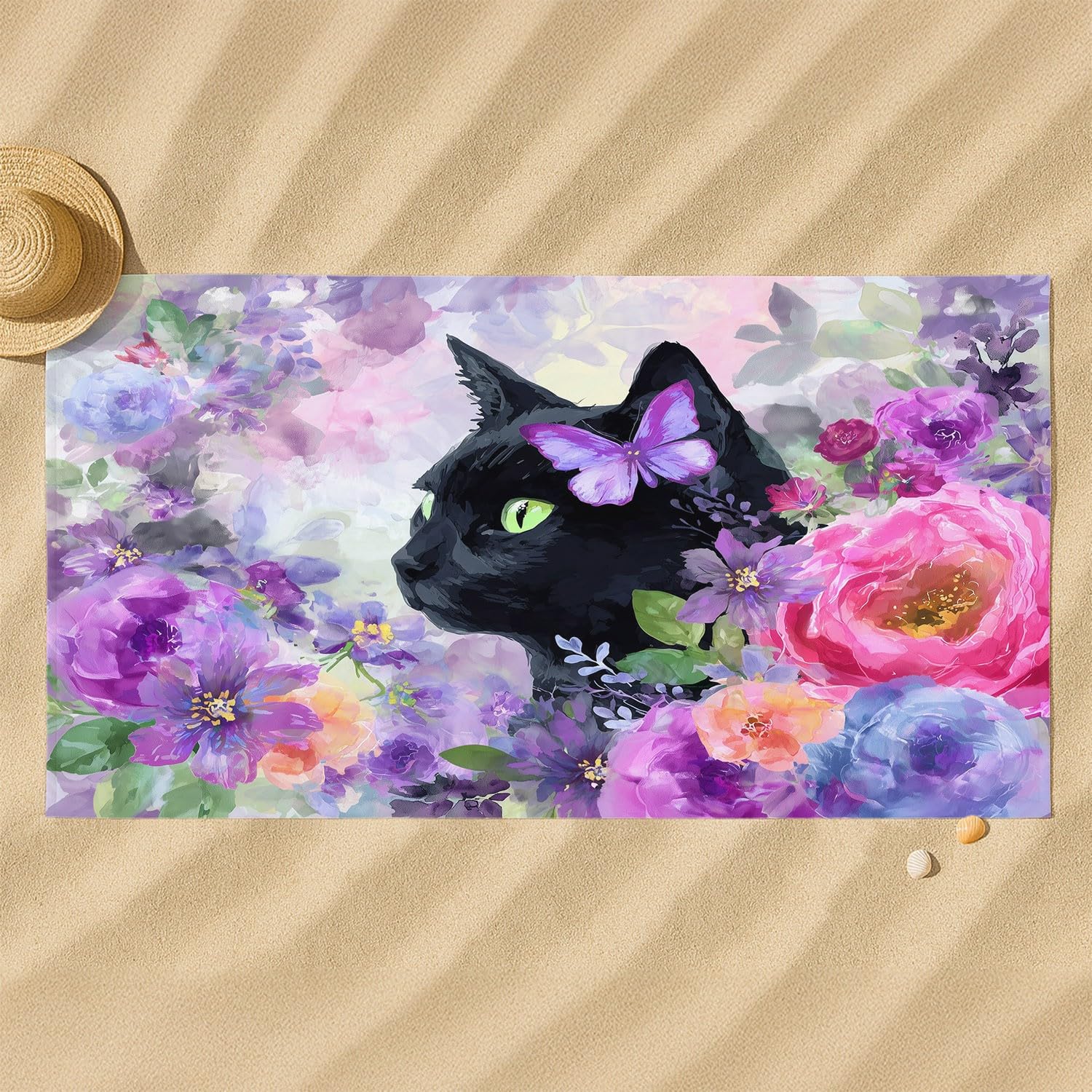 Serviette de Plage Microfibre 200 x 100 CM,Drap de Plage Élégant, Onirique, Aquarelle, Couverture de Plage Absorbante,Couverture de Bain Chat Noir, Papillon, Fleurs