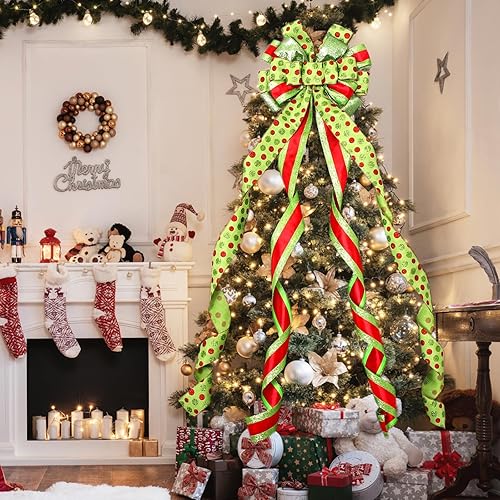 Miniatura 39 de Decoración para árbol de Navidad, lazo grande verde para árbol de Navidad, lazos de regalo de poliéster con puntos rojos y verdes, lazos de regalo
