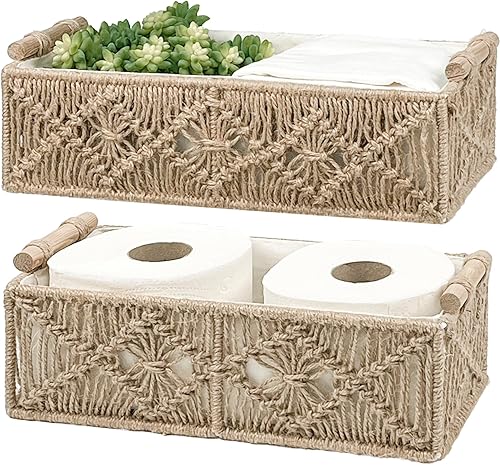 HZE 2 cestas de almacenamiento de macramé, decoración bohemia para baño, con decoración tejida a mano, cesta de papel higiénico para encimera para