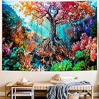Vista 5 de Delur Tapiz de bosque de árbol de la vida, tapiz de selva tropical de fantasía, tapiz para colgar en la pared, naturaleza colorida, paisaje místico