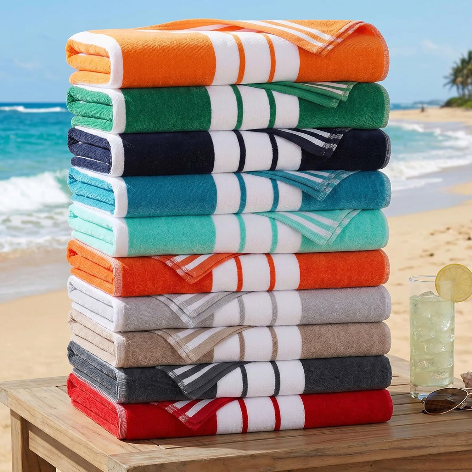 Superior Oversized Cotton Beach Towel Set of 2, Absorbent Towels for Bathroom, Beach, Pool, Swim, Adults, Kids, Vacation, Travel, Bath Sheet, Quick Dry Basics, Trip Essentials, Striped Decor, Mint