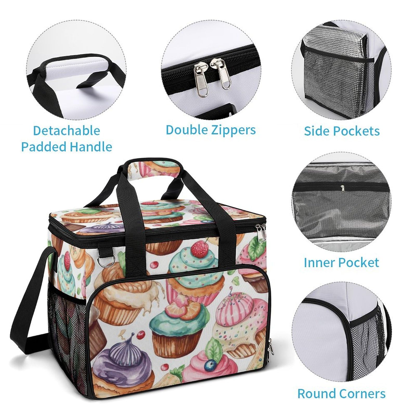 Borsa termica da campeggio, cupcake, ciambelle, muffin, stampa di zucchero, borsa da picnic da viaggio, grande capacità, borsa termica portatile, borsa frigo multiuso, stile