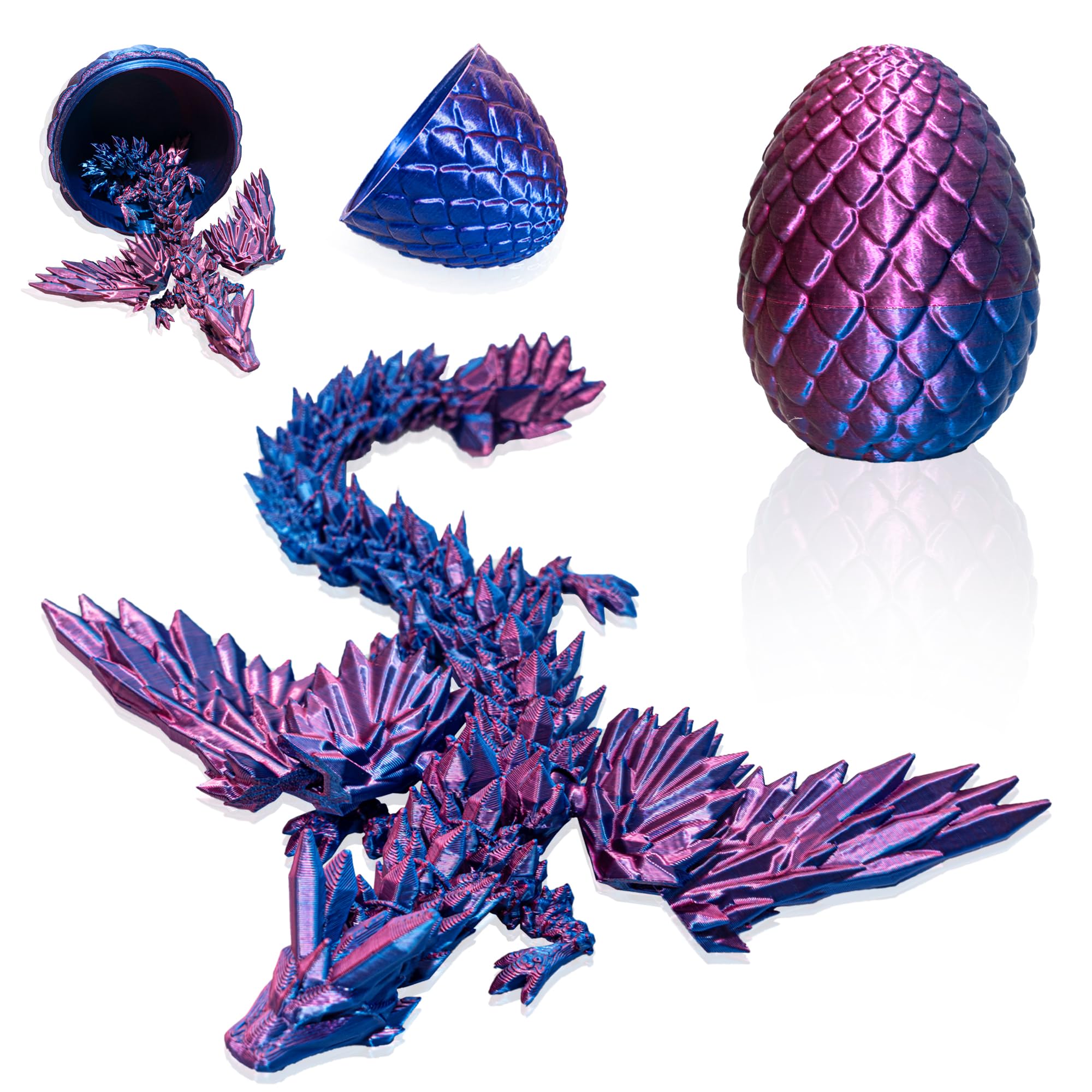 SOLOVANI Poseable 3D Printed Dragon in Crystal Egg, Detachable Wings & Articulated Joints for Display, Fidget Toy for Adults, Unique Collectible Model and Desk Decor(Laser purple)