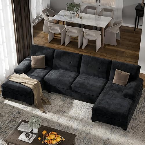 U-Shaped Sectional Sofa with Double Chaise,Linen Fabric 4-Seat Modern Couch, Removable Pillows for Apartment Living Room, Black