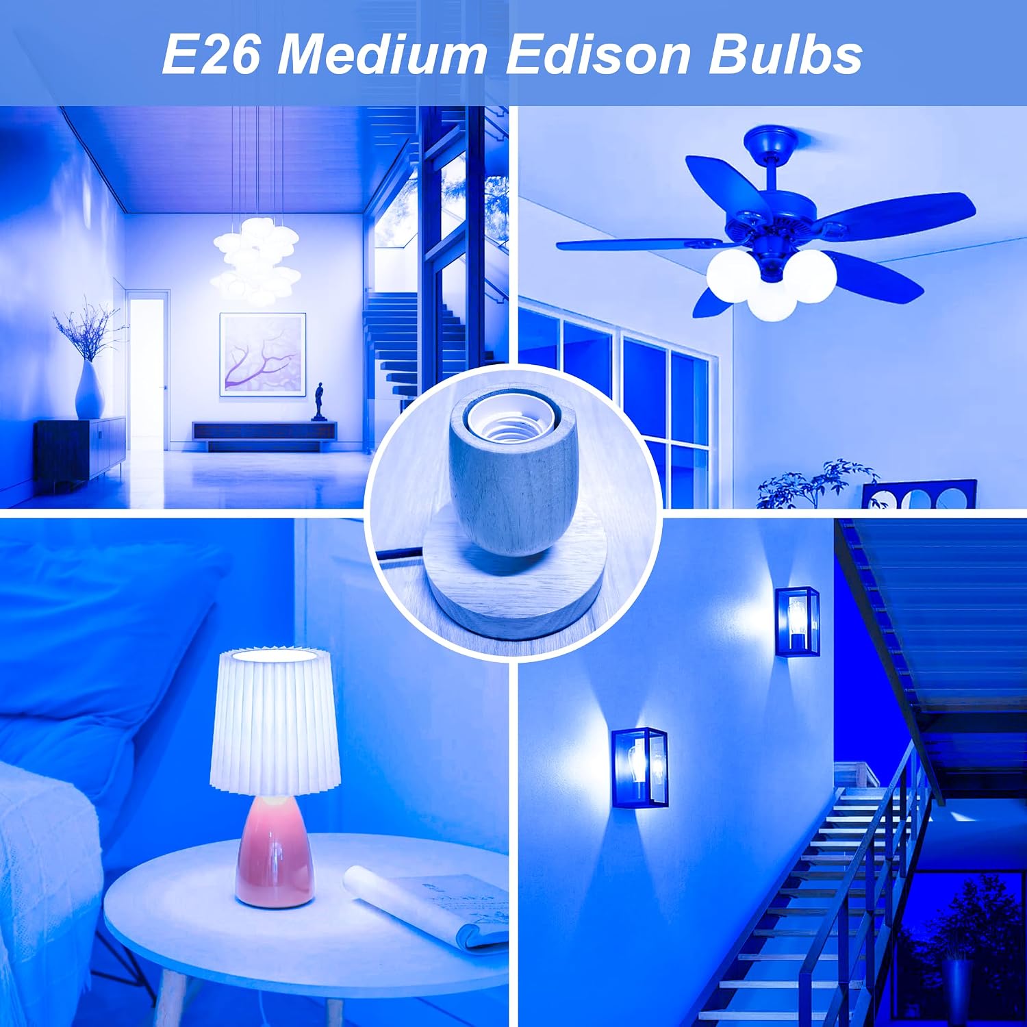 4 Pack 3.2 Inch T10 Blue Light Bulb, E26 Base Edison Bulbs Dimmable, AC 120V 60 Watt Equivalent Clear Glass Filament Bulb, Halloween Christmas Party Bar Colored Light Bulbs, UL Certified